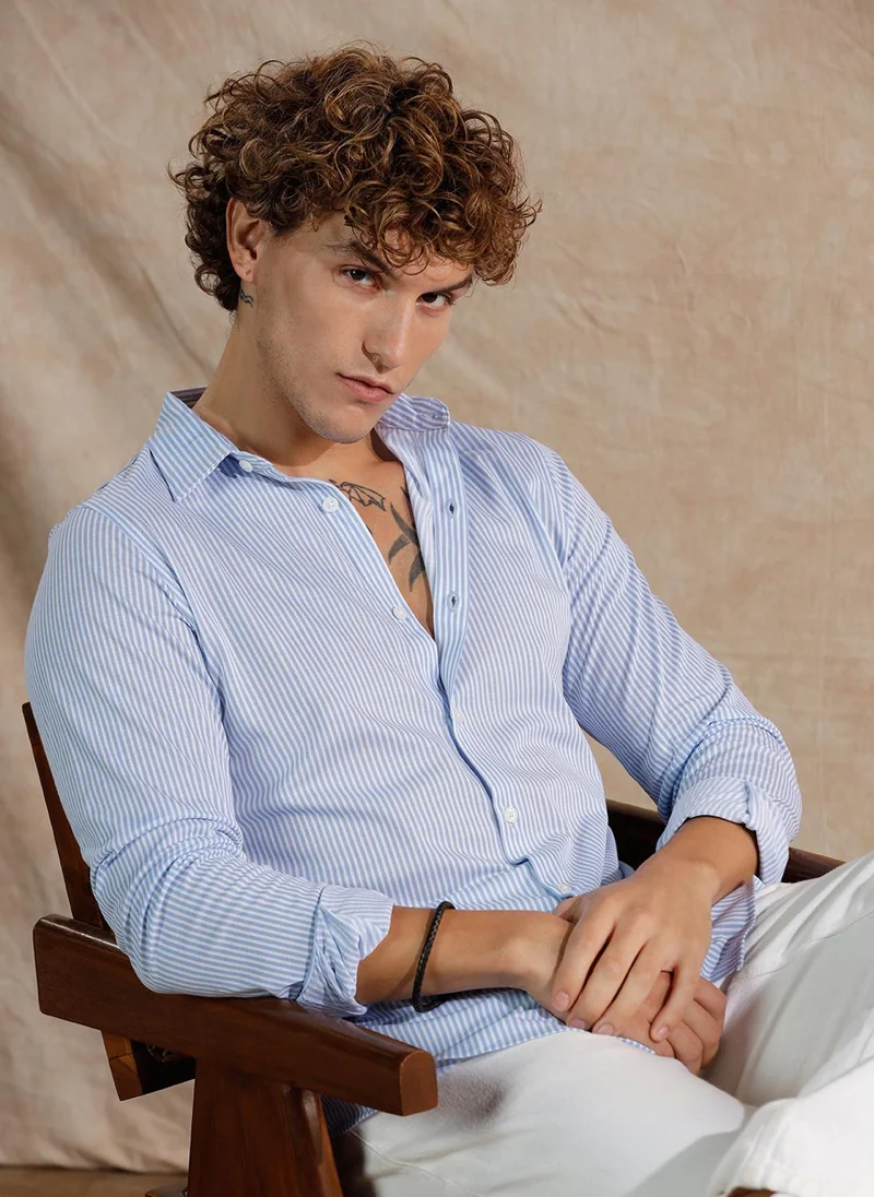 روجن Solid Stretch Slim Fit Shirt | Blue